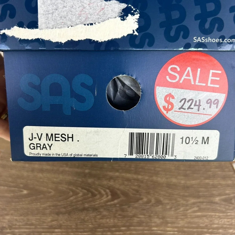 SAS JV Mesh Sneaker Shoes Mens 10.5M Gray Comfort Walking Hook and Loop NEW